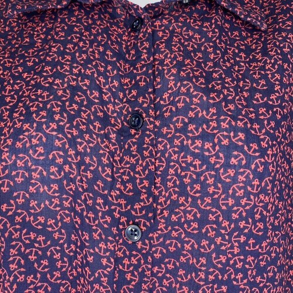 LOFT 100% Cotton Navy Pink Anchor Button Up Long Sleeve Nautical Top Size M - Picture 3 of 6